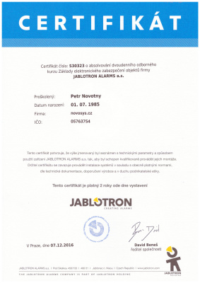Certifikát Jablotron, certifikovaný montážní partner JABLOTRON Petr Novotný Svojetice